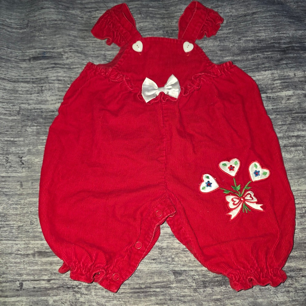 Vintage Red Corduroy Heart Embroidered Baby Romper Overalls 3-6 Months